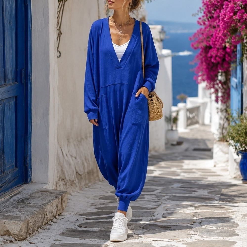 Free People Just Because Onesie Jumpsuit Blue Flame Cobalt Harem Boho Santorini